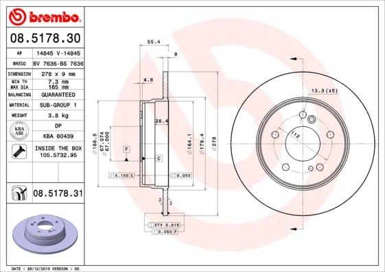 Tarcza hamulcowa, COATED DISC LINE 08.5178.31 BREMBO