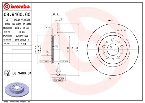 Tarcza hamulcowa, COATED DISC LINE 08.9460.61 BREMBO