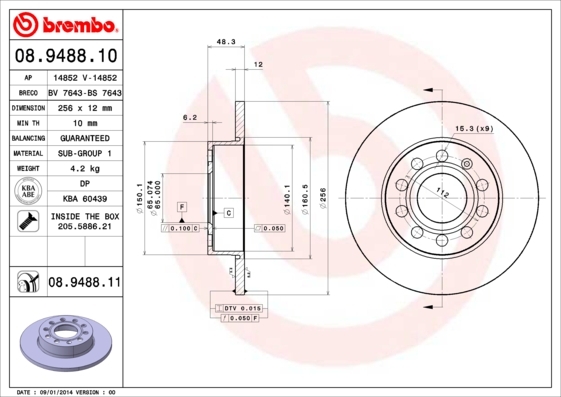 Tarcza hamulcowa, COATED DISC LINE 08.9488.11 BREMBO