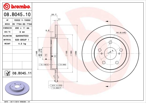 Tarcza hamulcowa 08.B045.10 BREMBO