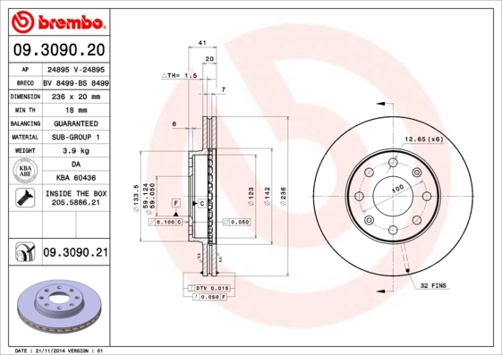 Tarcza hamulcowa, COATED DISC LINE 09.3090.21 BREMBO