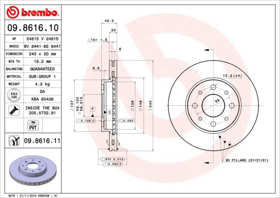 Tarcza hamulcowa, COATED DISC LINE 09.8616.11 BREMBO