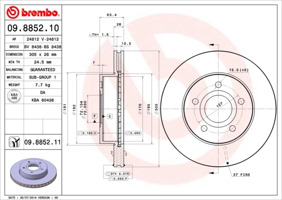 Tarcza hamulcowa 09.8852.10 BREMBO