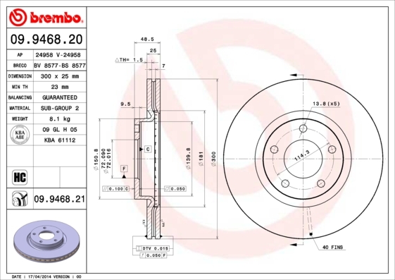 Tarcza hamulcowa, COATED DISC LINE 09.9468.21 BREMBO