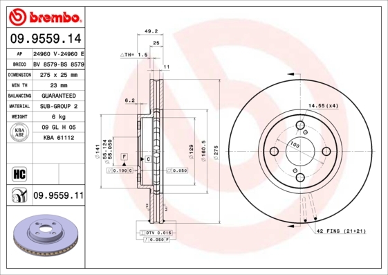 Tarcza hamulcowa 09.9559.14 BREMBO