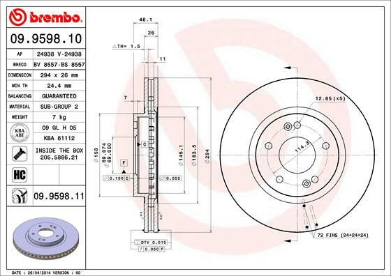 Tarcza hamulcowa, COATED DISC LINE 09.9598.11 BREMBO