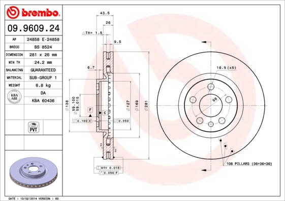 Tarcza hamulcowa 09.9609.24 BREMBO