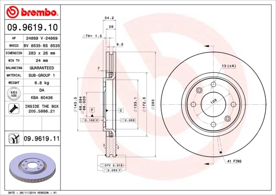 Tarcza hamulcowa 09.9619.10 BREMBO