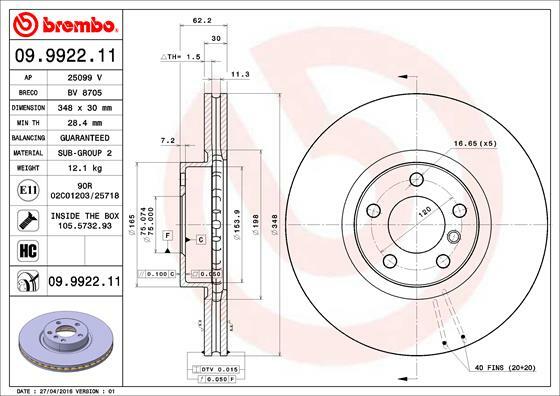Tarcza hamulcowa, COATED DISC LINE 09.9922.11 BREMBO