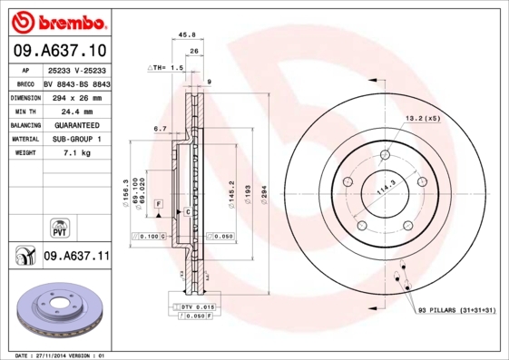 Tarcza hamulcowa, COATED DISC LINE 09.A637.11 BREMBO