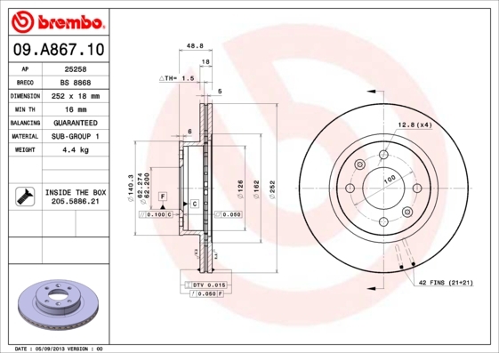 Tarcza hamulcowa 09.A867.10 BREMBO