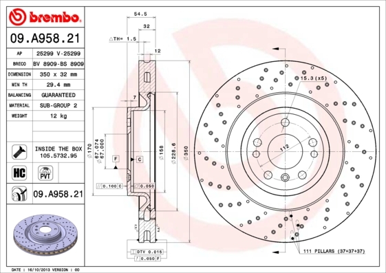 Tarcza hamulcowa, COATED DISC LINE 09.A958.21 BREMBO