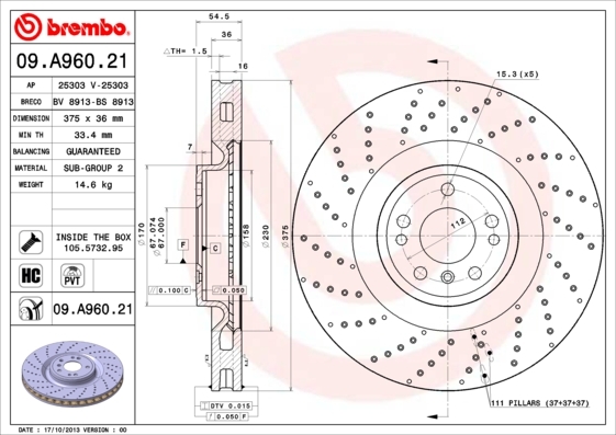 Tarcza hamulcowa, COATED DISC LINE 09.A960.21 BREMBO