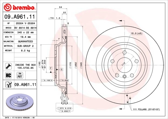 Tarcza hamulcowa, COATED DISC LINE 09.A961.11 BREMBO