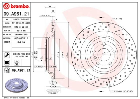 Tarcza hamulcowa, COATED DISC LINE 09.A961.21 BREMBO