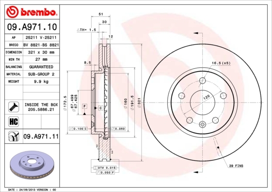 Tarcza hamulcowa, COATED DISC LINE 09.A971.11 BREMBO