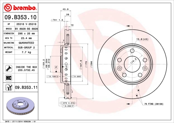 Tarcza hamulcowa, COATED DISC LINE 09.B353.11 BREMBO