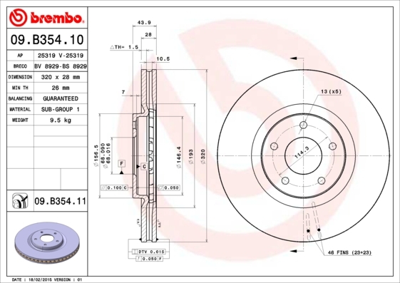 Tarcza hamulcowa, COATED DISC LINE 09.B354.11 BREMBO