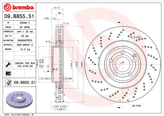 Tarcza hamulcowa, COATED DISC LINE 09.B855.51 BREMBO