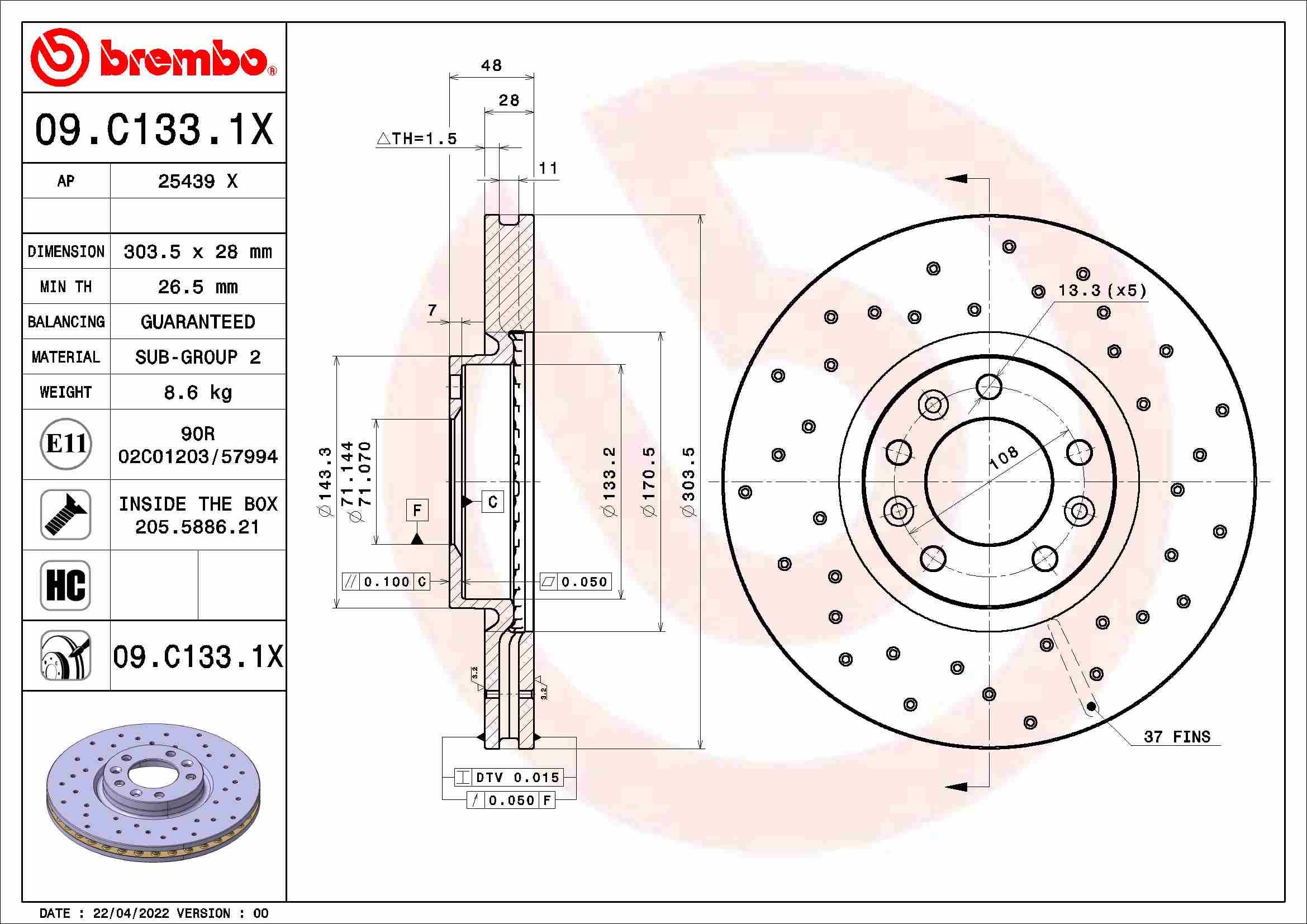 Tarcza do hamulców o wysokiej skuteczności, BREMBO Xtra, Wiercona, przód, śr. zew. 30 do Peugeota, 09.C133.1X, BREMBO w ofercie sklepu e-autoparts.pl 