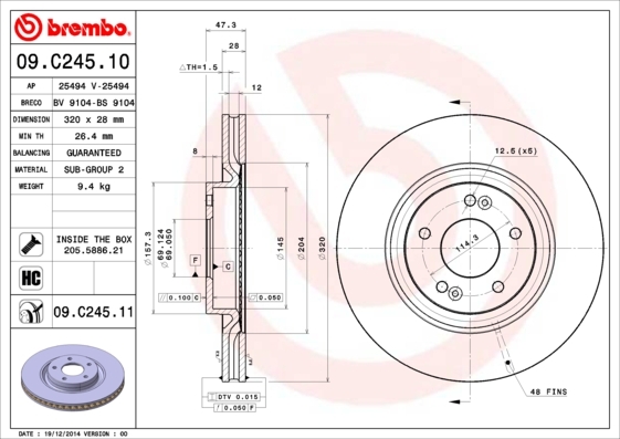 Tarcza hamulcowa, COATED DISC LINE 09.C245.11 BREMBO