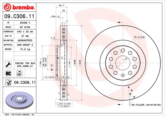 Tarcza hamulcowa, COATED DISC LINE 09.C306.11 BREMBO