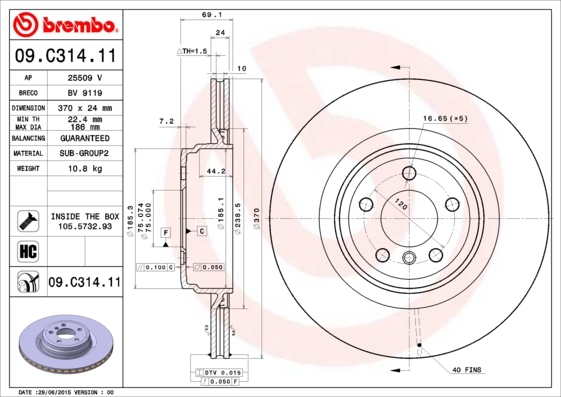 Tarcza hamulcowa, COATED DISC LINE 09.C314.11 BREMBO