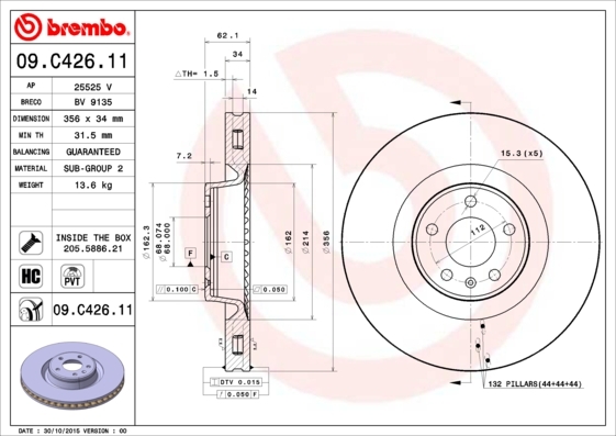 Tarcza hamulcowa, COATED DISC LINE 09.C426.11 BREMBO