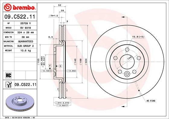 Tarcza hamulcowa, COATED DISC LINE 09.C522.11 BREMBO