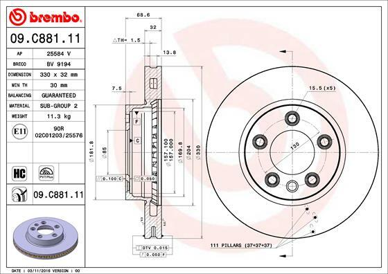 Tarcza hamulcowa, COATED DISC LINE 09.C881.11 BREMBO