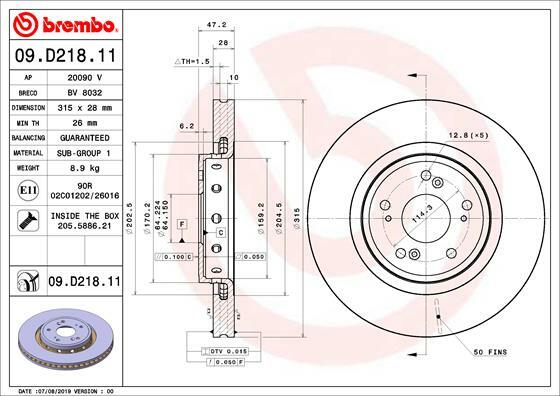 Tarcza hamulcowa, COATED DISC LINE 09.D218.11 BREMBO