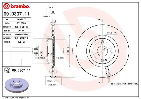 Tarcza hamulcowa, COATED DISC LINE 09.D307.11 BREMBO