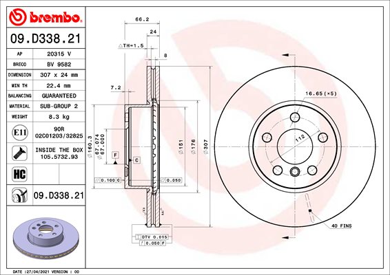 Tarcza hamulcowa do BMW, 09.D338.21, BREMBO w ofercie sklepu e-autoparts.pl 